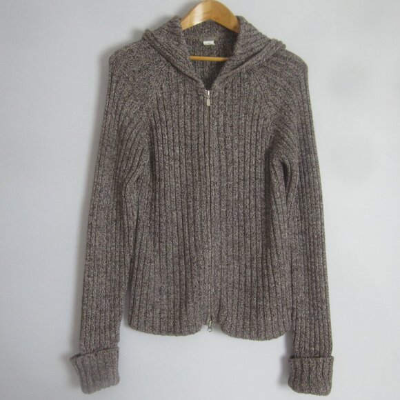 J Crew Womens XL Brown White Marled Cotton 2 Way Zip LS Hooded Cardigan Sweater - Picture 7 of 9